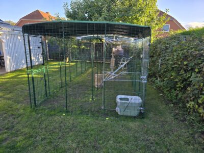 Katzenklo im Katzengehege unter Klarsicht-Cover als Wetterschutz an der Seite