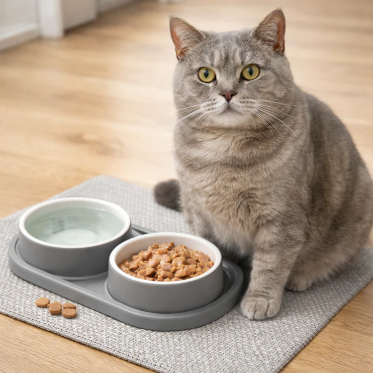 Grauer Kater Ben sitzt neben Wasserschale und Napf mit Nassfutter auf einer Futterunterlage