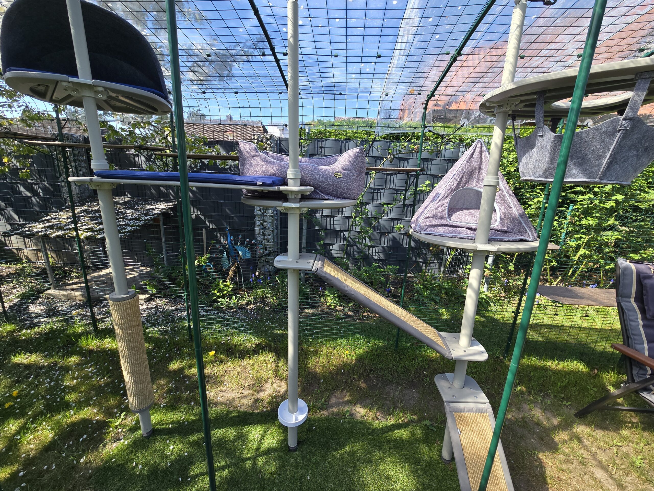 Sisal-Kratzpfosten an vertikaler Stange vom Freestyle Outdoor Kletterbaum im Katzengehege