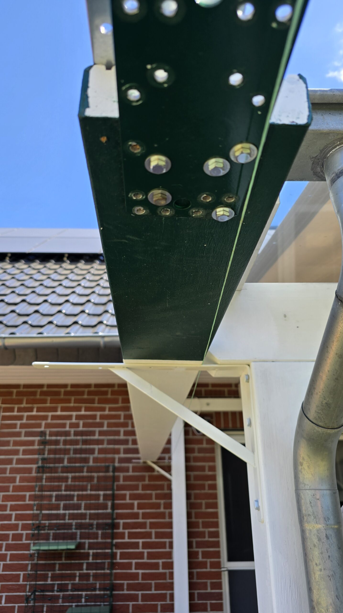 Lackierte Terrassendiele: Moosgrün passend zum Gehege und Weiß passend zur Terrasse