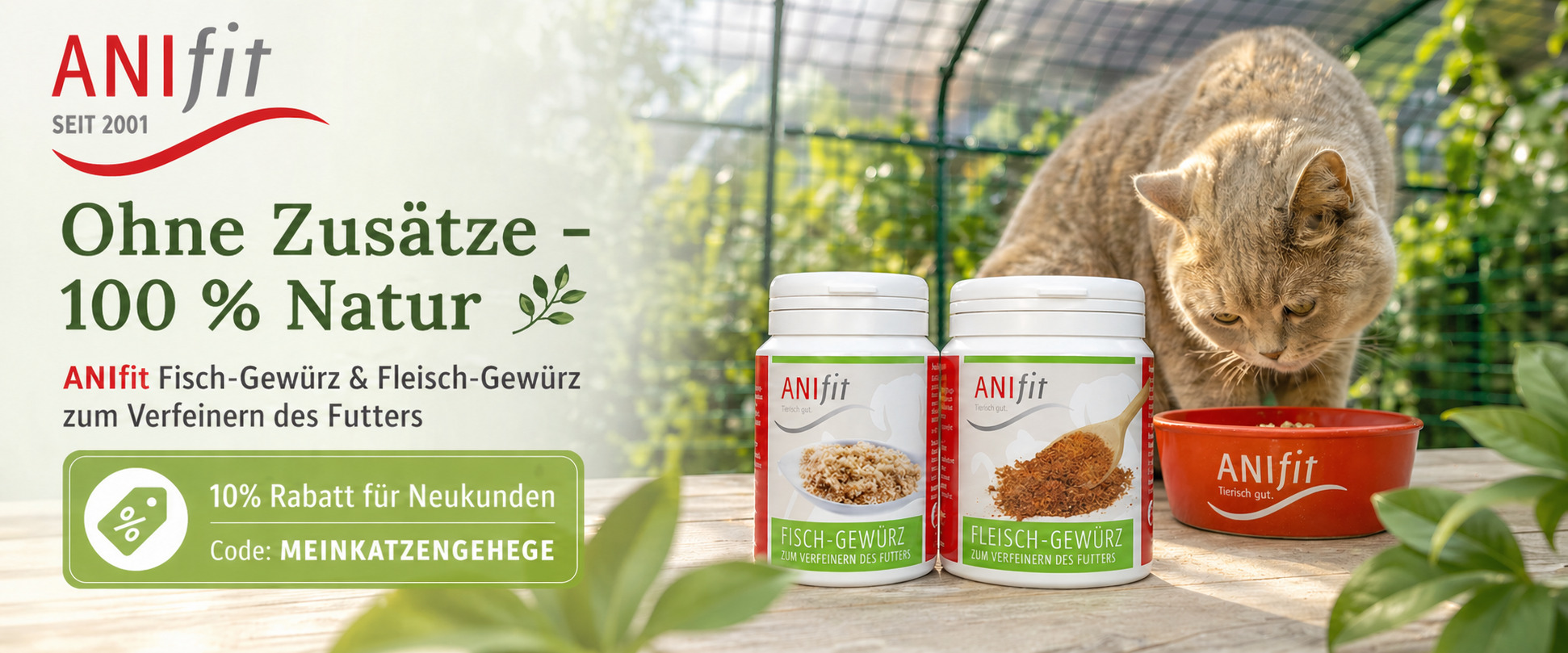ANIfit Fisch-Gewürz und Fleisch-Gewürz für Katzen mit 10 Prozent Rabattcode MEINKATZENGEHEGE und Katze am Futternapf