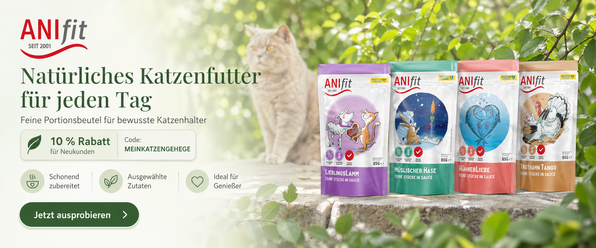 Natürliches ANIfit Katzenfutter in Portionsbeuteln mit Rabattcode MEINKATZENGEHEGE für Neukunden