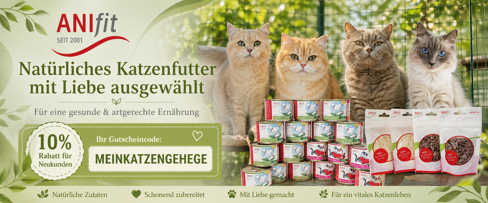ANIfit Banner für natürliches Katzenfutter mit vier Katzen, Dosenfutter, Snacks und Rabattcode MEINKATZENGEHEGE