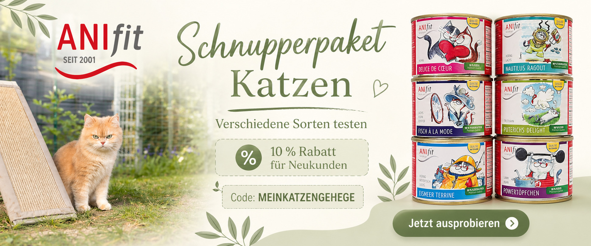 ANIfit Werbebanner für das Schnupperpaket Katze mit sechs Dosenfuttersorten und Neukundenrabatt