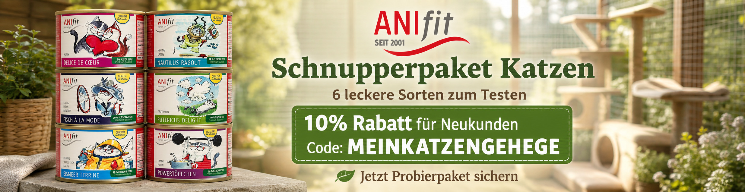 ANIfit Schnupperpaket Katze mit sechs Futtersorten, 10 Prozent Rabatt für Neukunden und Gutscheincode MEINKATZENGEHEGE