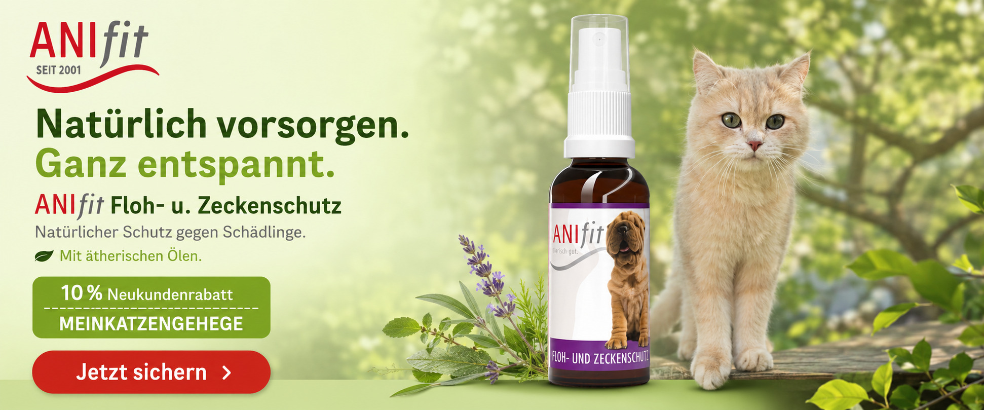 ANIfit Floh- und Zeckenschutz Spray mit Katze im Grünen und 10 Prozent Neukundenrabatt Code MEINKATZENGEHEGE