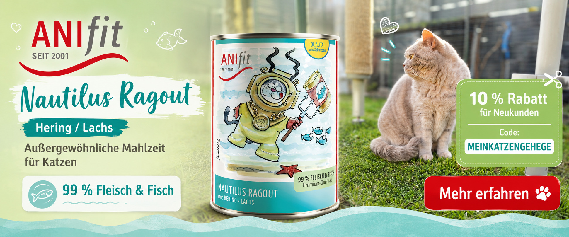 ANIfit Nautilus Ragout Katzenfutter mit Hering und Lachs, 99 % Fleisch und Fisch, 10 % Rabatt mit Code MEINKATZENGEHEGE